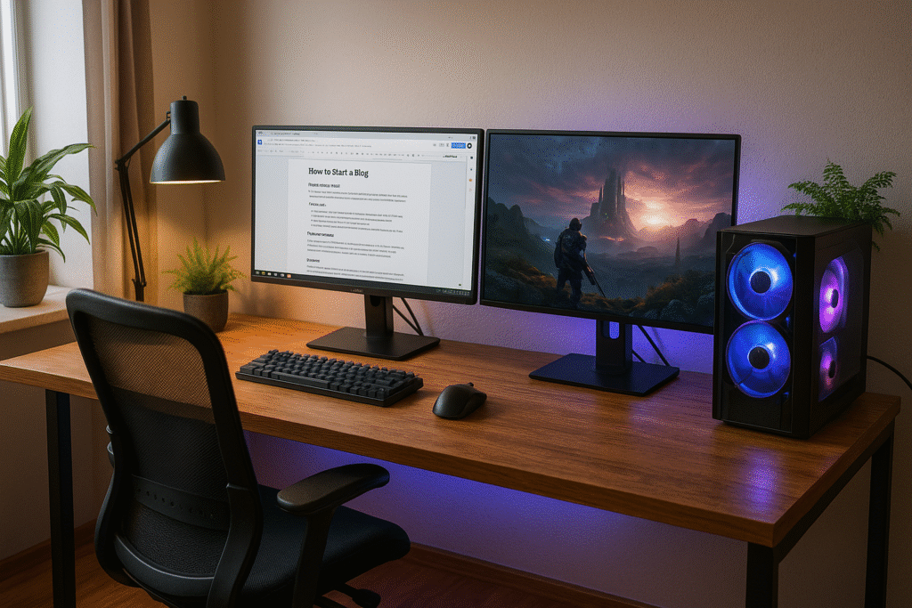 Setup home office y gaming con escritorio de madera, doble monitor, torre RGB y documento de blog abierto en pantalla.