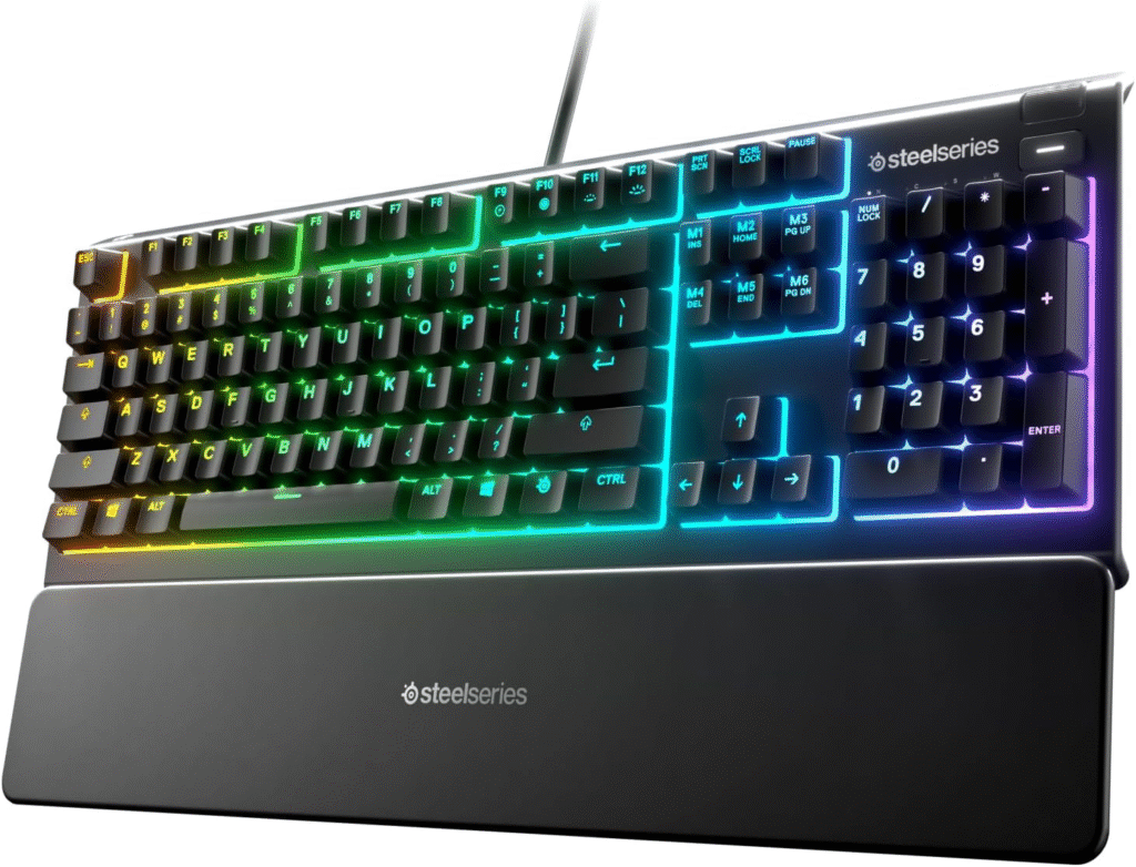 Teclado SteelSeries Apex 3 silencioso con retroiluminación RGB y resistencia al agua en escritorio gaming económico