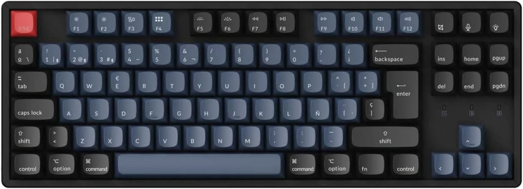 Teclado Keychron K8 Pro mecánico silencioso con switches hot-swap y formato TKL en setup de oficina gaming.
