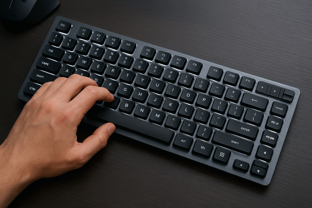 Vista cenital de los mejores teclados mecánicos silenciosos 2025 en uso, con mano escribiendo en un teclado low profile sobre escritorio minimalista.